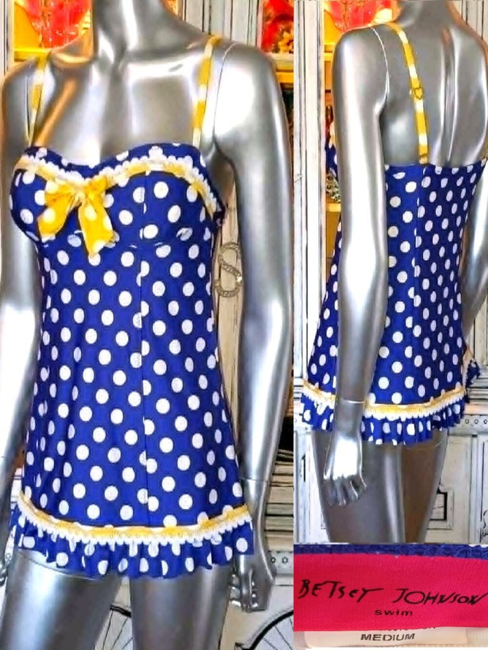 Vintage Betsey Johnson Y2K Blue Polka Dot Retro Pinup 1 Pc Swim Dress Swimsuit